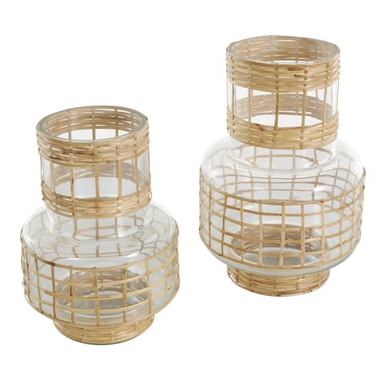 Clear Glass Double Ring Rattan Wrapped Vase Set